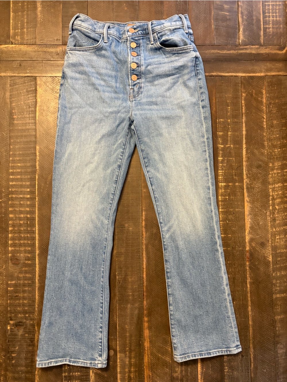MOTHER The Pixie Hustler Ankle Jeans Tarot Time Light Wash Denim Button Fly